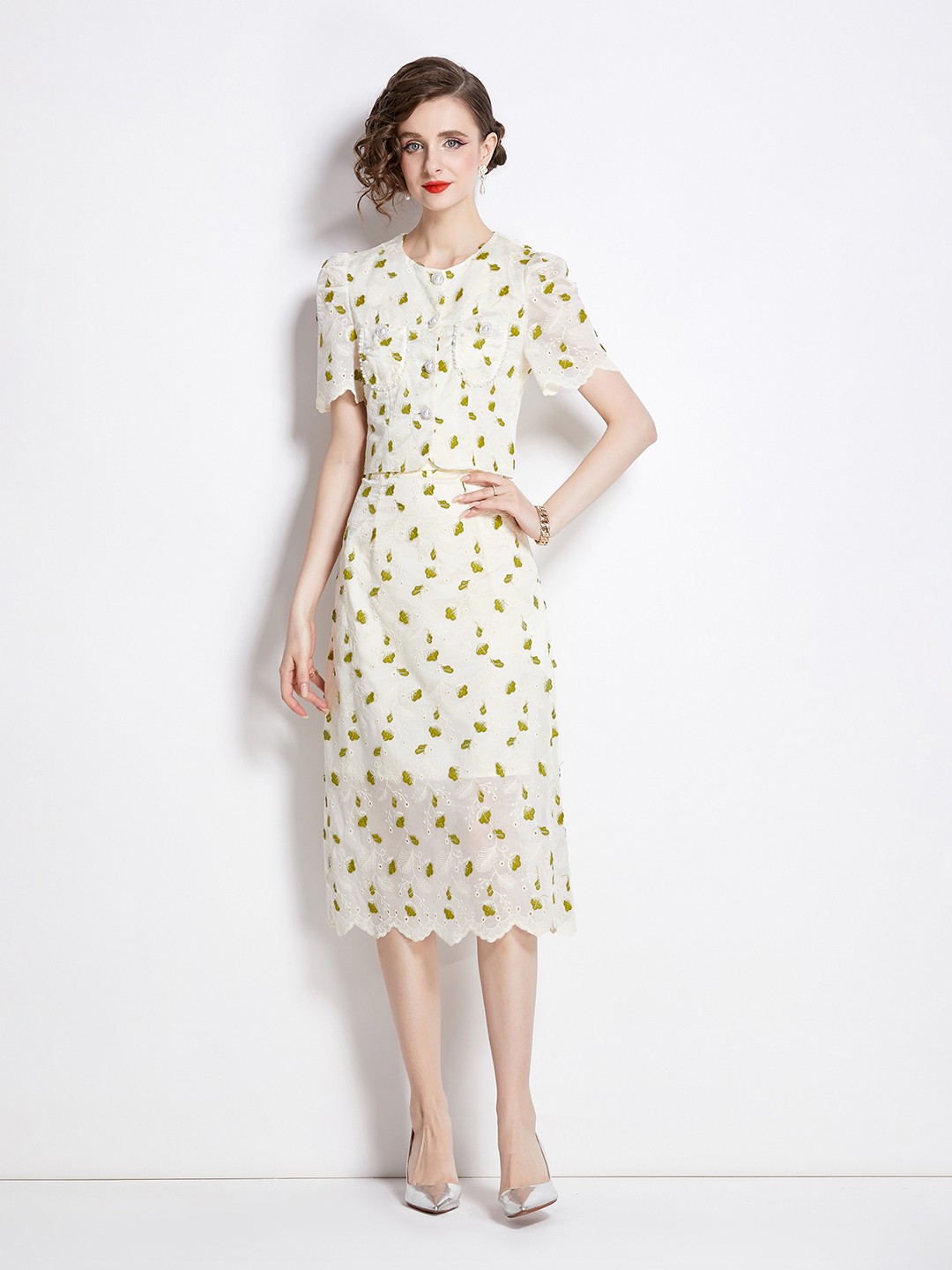 

JC Collection Embroidered Top & Skirt Co-Ords Set, Green