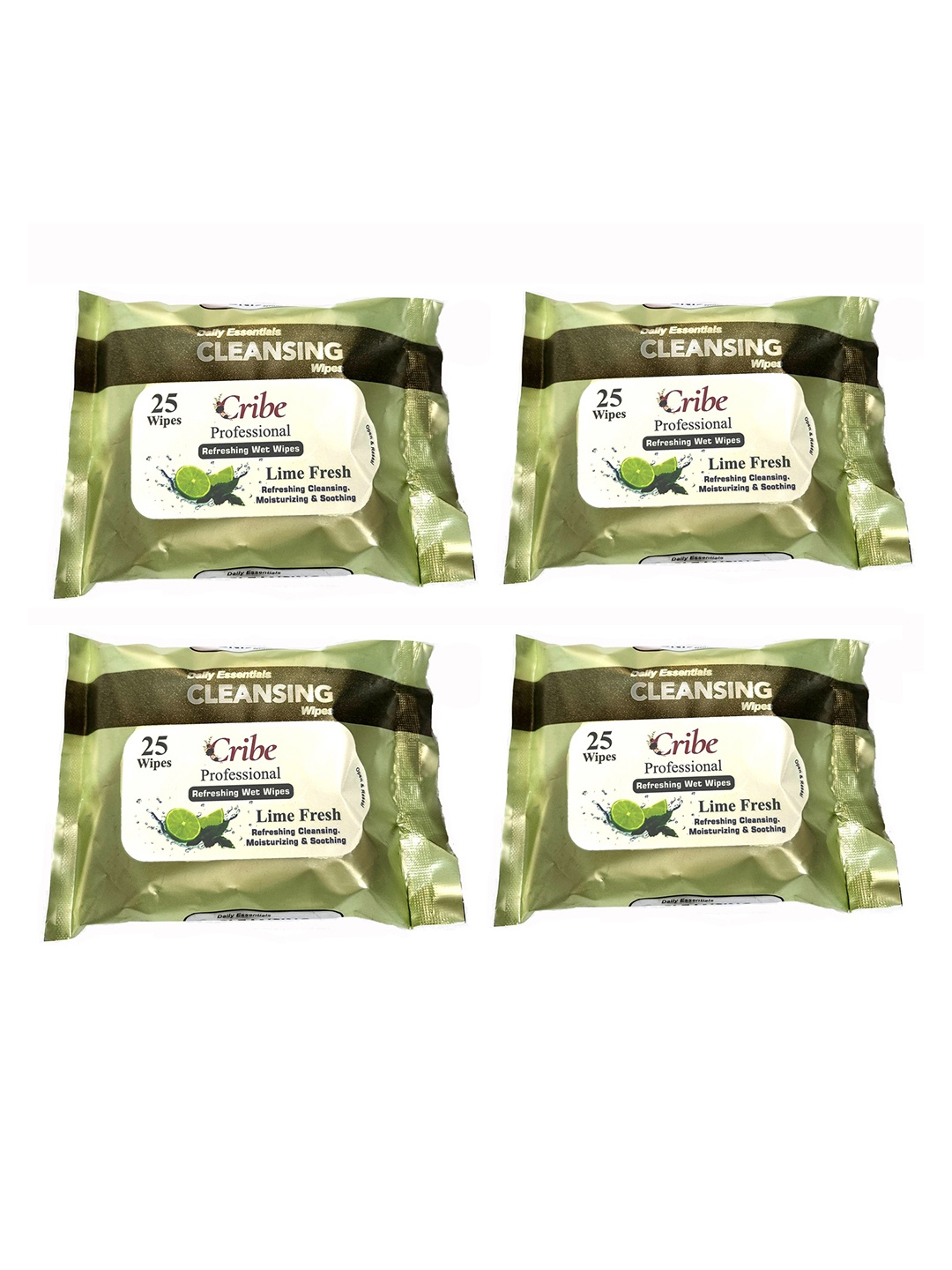 

CRIBE Set Of 4 Lime Extract Wet Cleansing Wipes With Vitamin E - 25 Wipes Each, Green