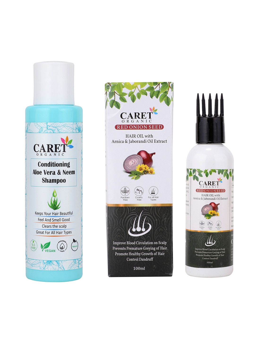 

CARET ORGANIC Aloevera & Neem Shampoo & Red Onion Seed Hair Oil Combo-100ml Each, White