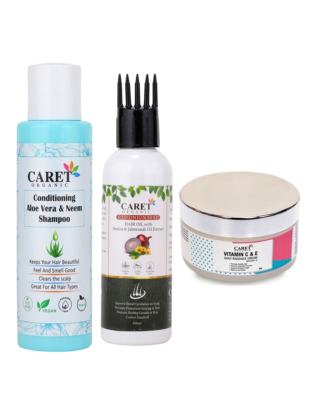 

CARET ORGANIC Neem Shampoo Red Onion Seed Hair Oil & Vitamin C Nourishing Cream Combo, White