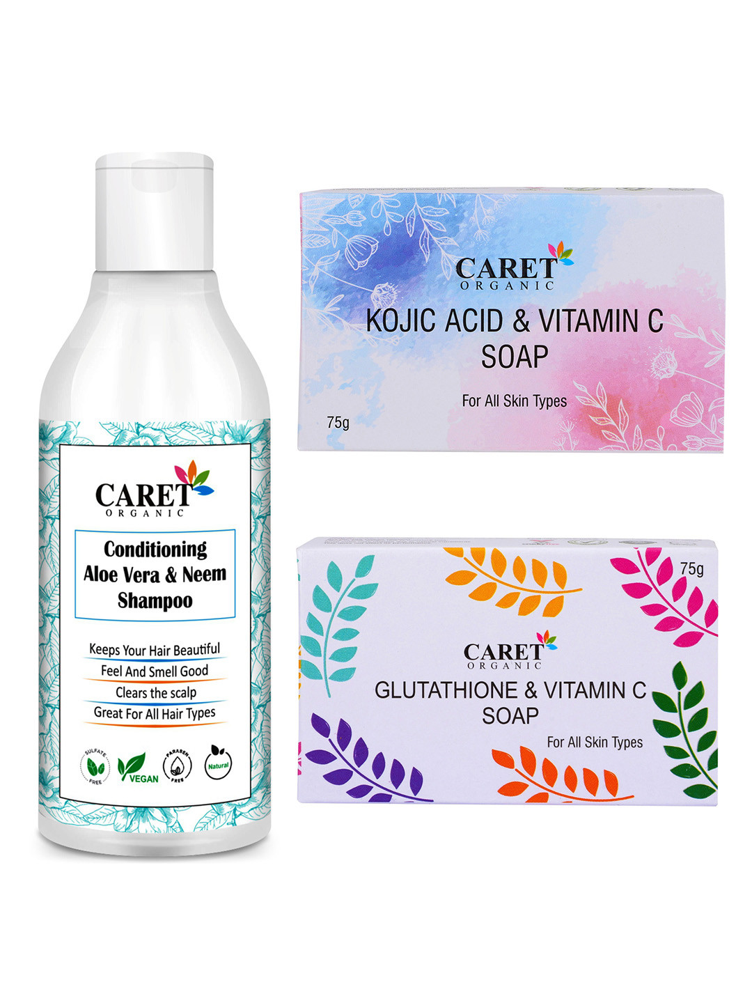 

CARET ORGANIC Aloe vera Shampoo, Vitamin C & Glutathione Soap Combo, White