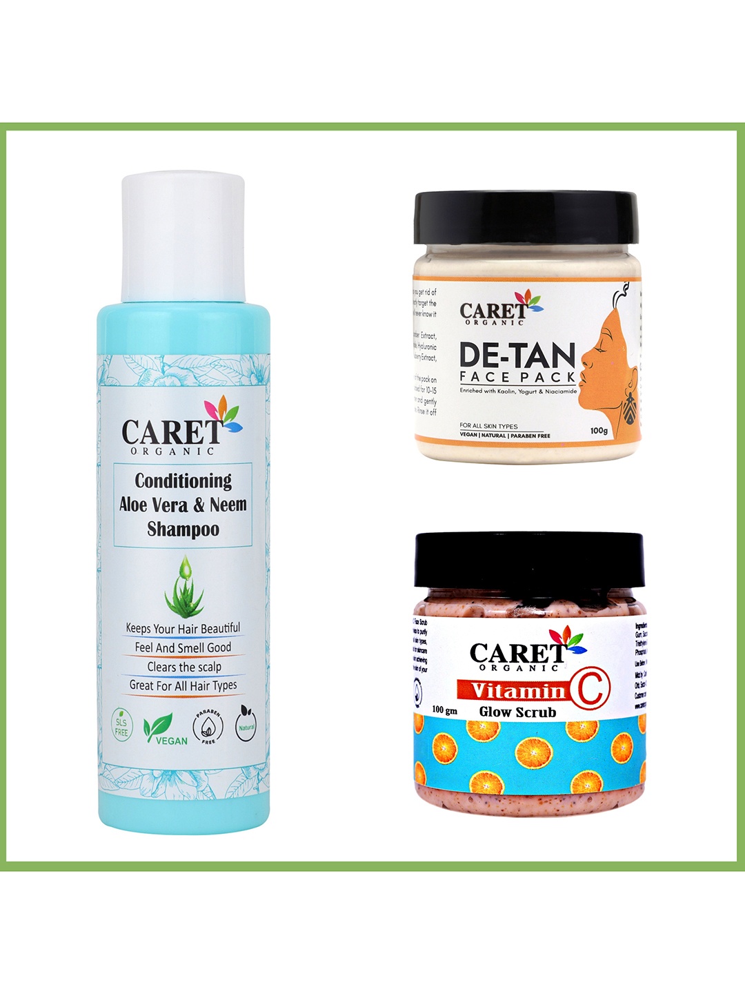 

CARET ORGANIC Neem Shampoo De Tan Face Pack & Vitamin C Glow Scrub Combo, White