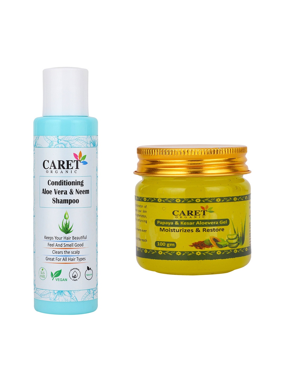 

CARET ORGANIC Aloe vera & Neem Shampoo & Papaya, Kesar Aloevera Gel Combo -100 g Each, White