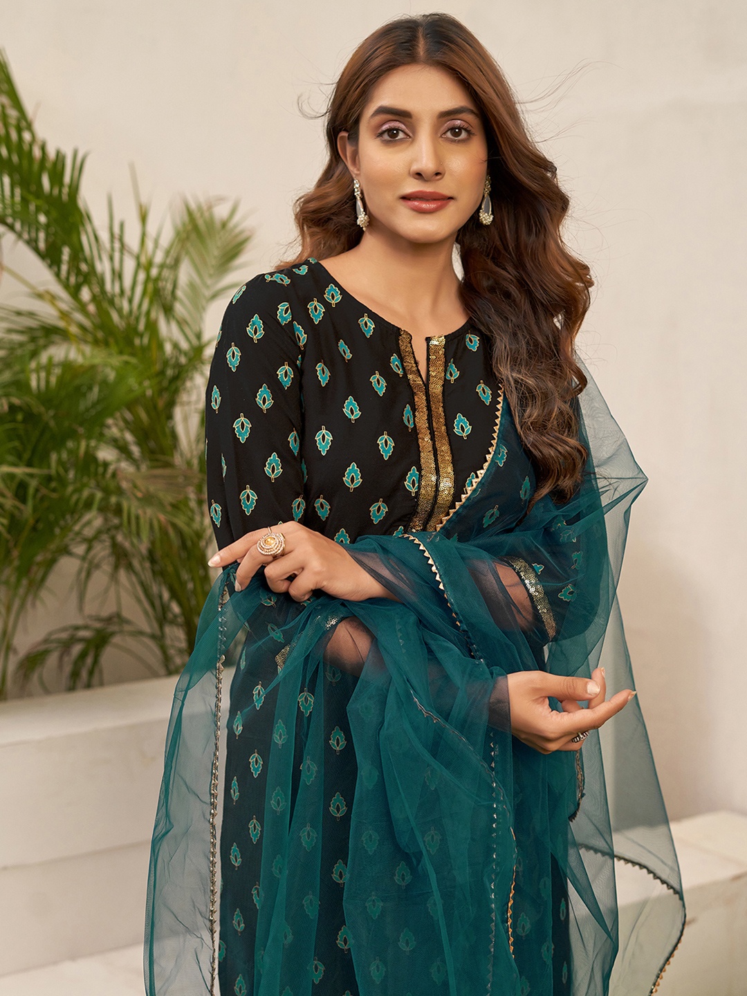 

KALINI Women Ethnic Motifs Printed Regular Sequinned Kurta with Trousers & With Dupatta, Blue