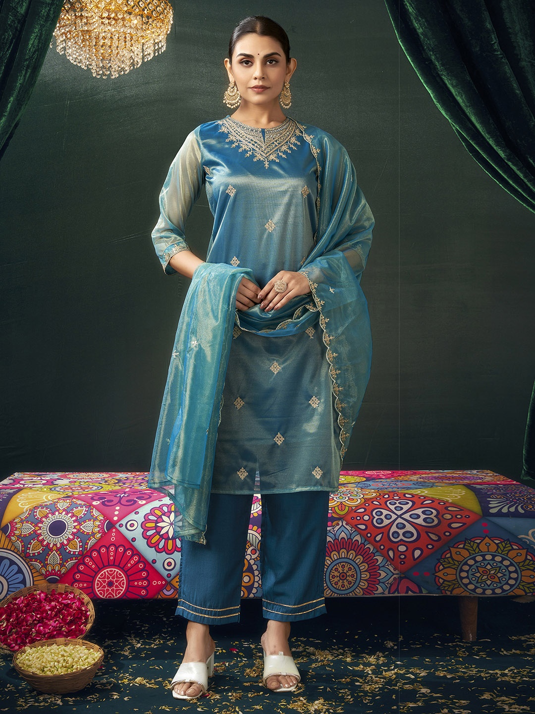 

KALINI Women Ethnic Motifs Embroidered Regular Sequinned Kurta with Trousers & With Dupatta, Blue