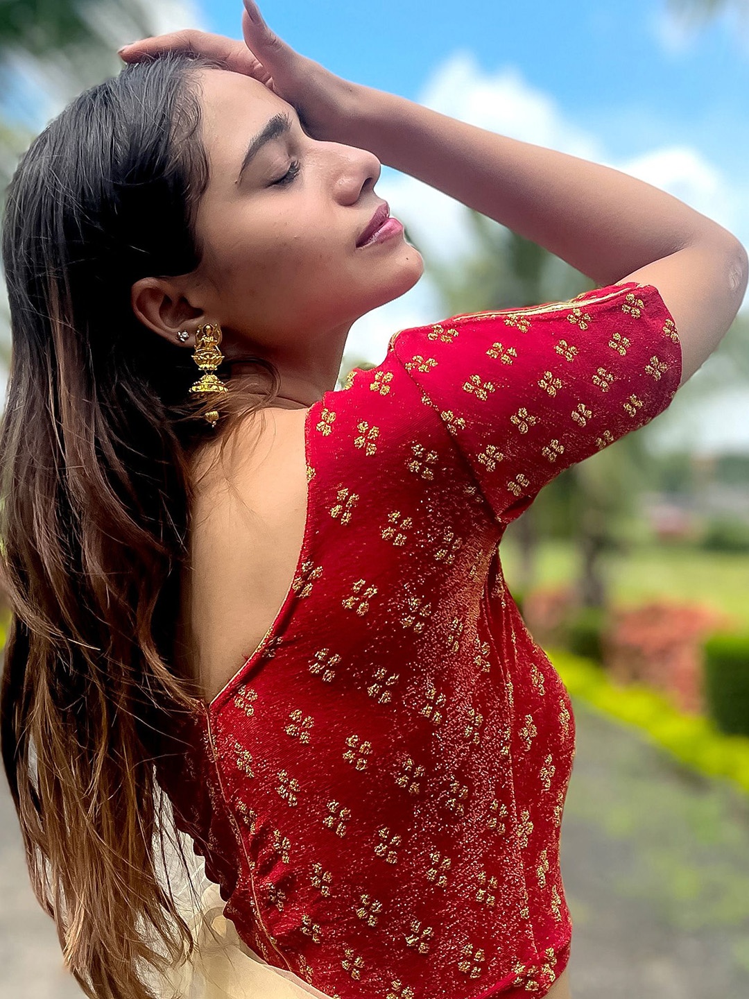 

Bindigasm's Advi Zari Embellished Stretchable Saree Blouse, Red