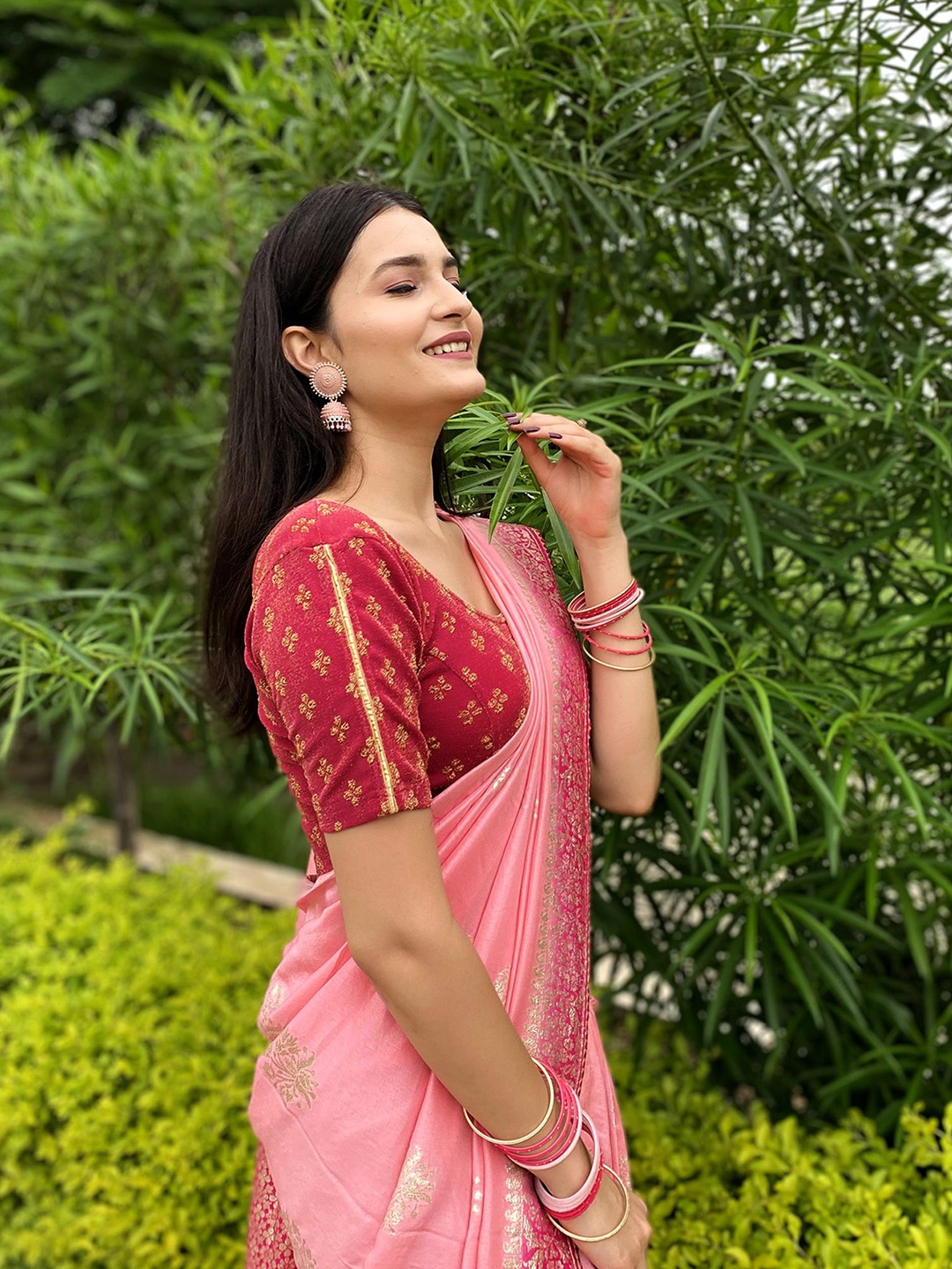

Bindigasm's Advi Zari Embellished Stretchable Saree Blouse, Pink
