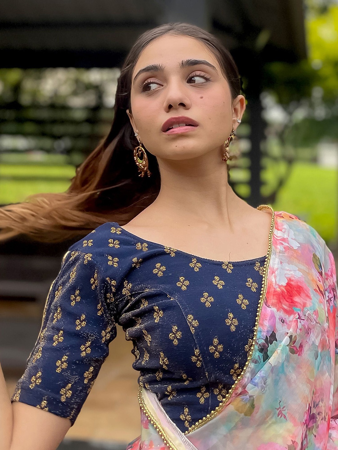 

Bindigasm's Advi Zari Embellished Stretchable Saree Blouse, Navy blue