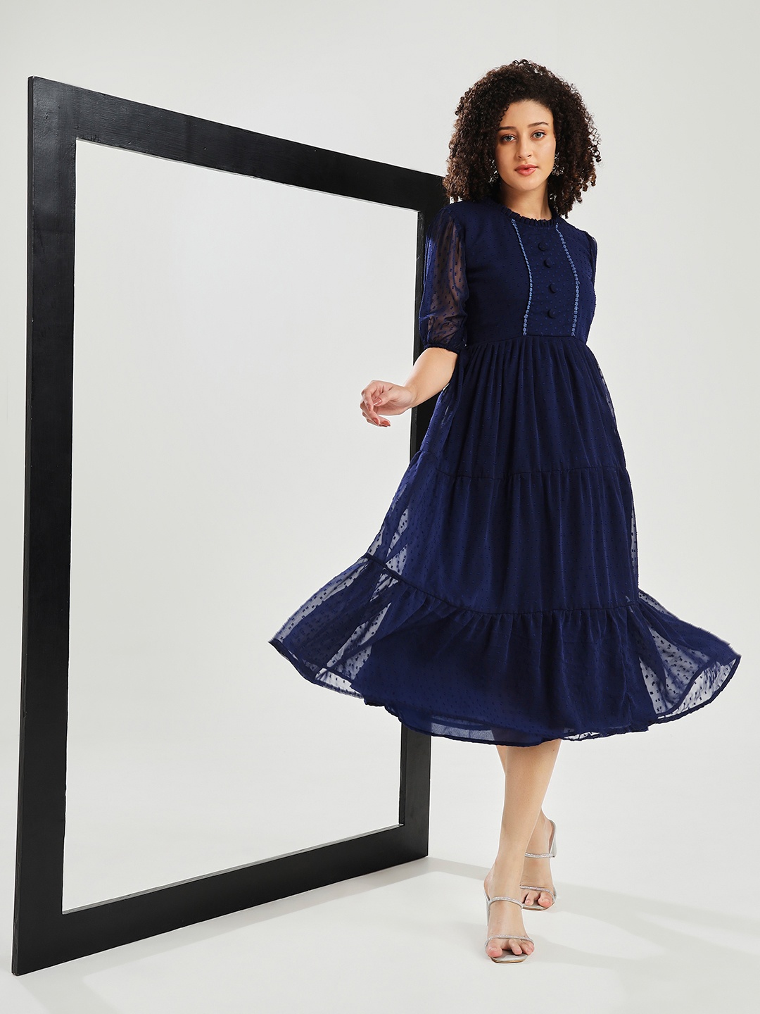 CARTYSHOP Striped Puff Sleeve Georgette Fit & Flare Midi Dress, Blue