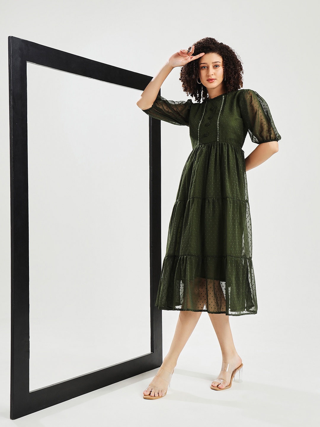 

CARTYSHOP Striped Puff Sleeve Georgette Fit & Flare Midi Dress, Olive