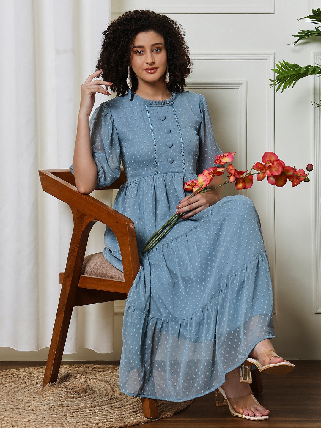 

CARTYSHOP Striped Puff Sleeve Georgette Fit & Flare Midi Dress, Grey