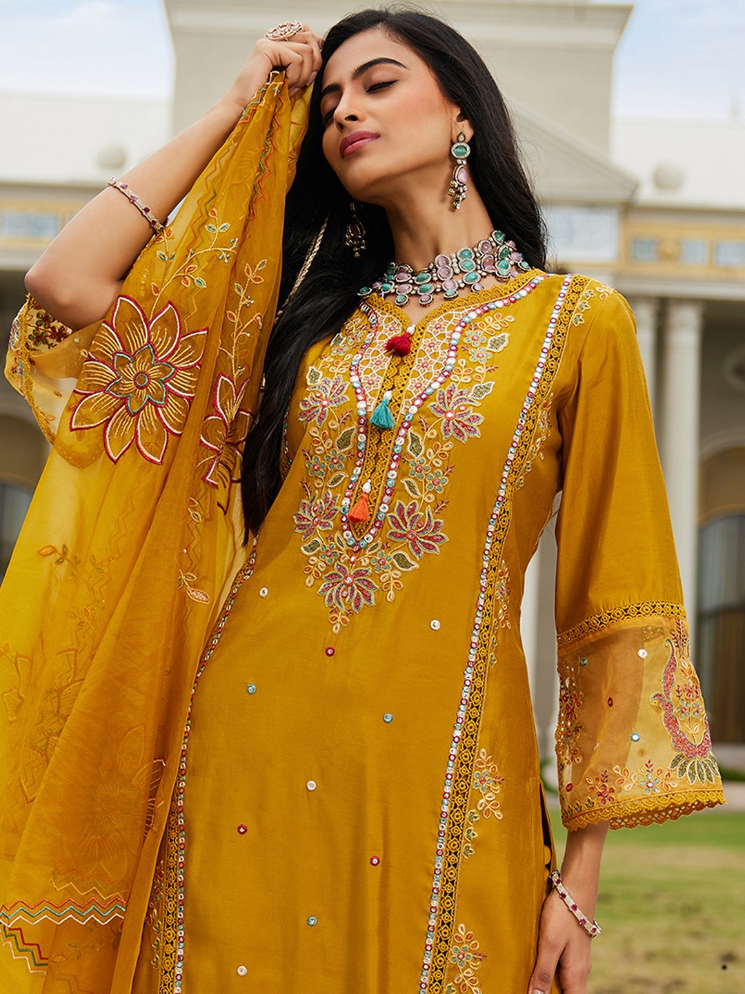 

Indo Era Women Ethnic Motifs Embroidered Regular Mirror Work Kurta with Trousers & With Dupatta, Mustard