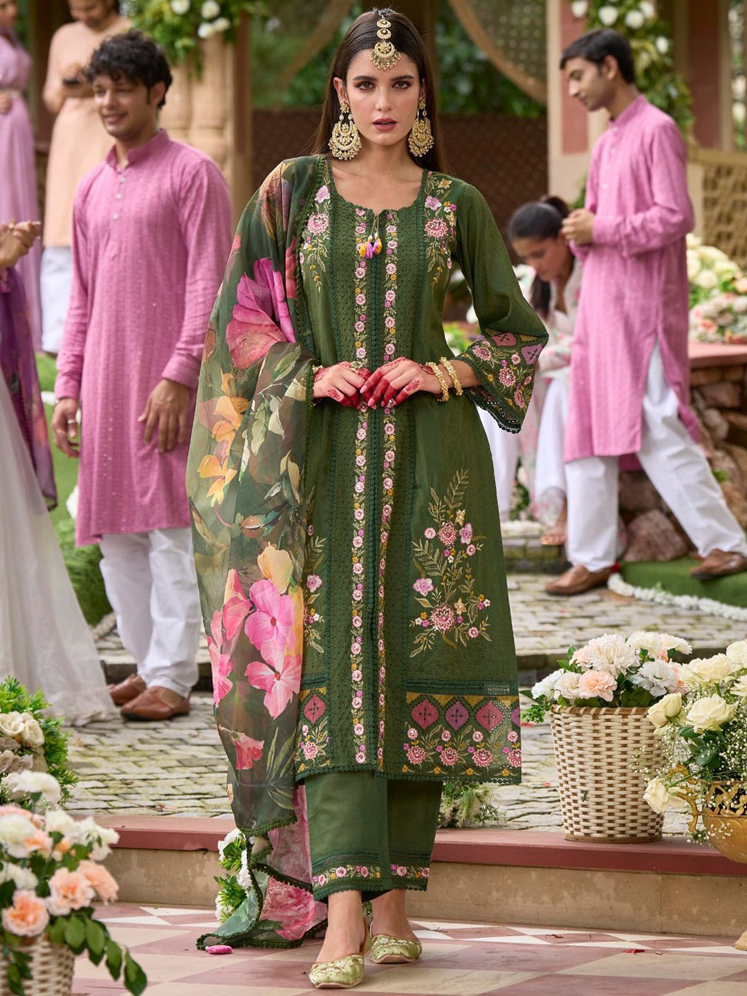 

Indo Era Women Floral Embroidered Panelled Thread Work Kurta with Trousers & With Dupatta, Green