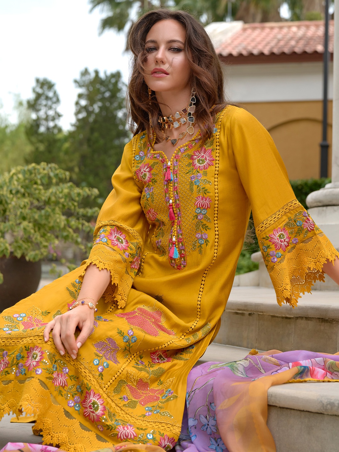 

Indo Era Women Floral Embroidered Panelled Thread Work Pure Silk Kurta with Trousers & With Dupatta, Mustard