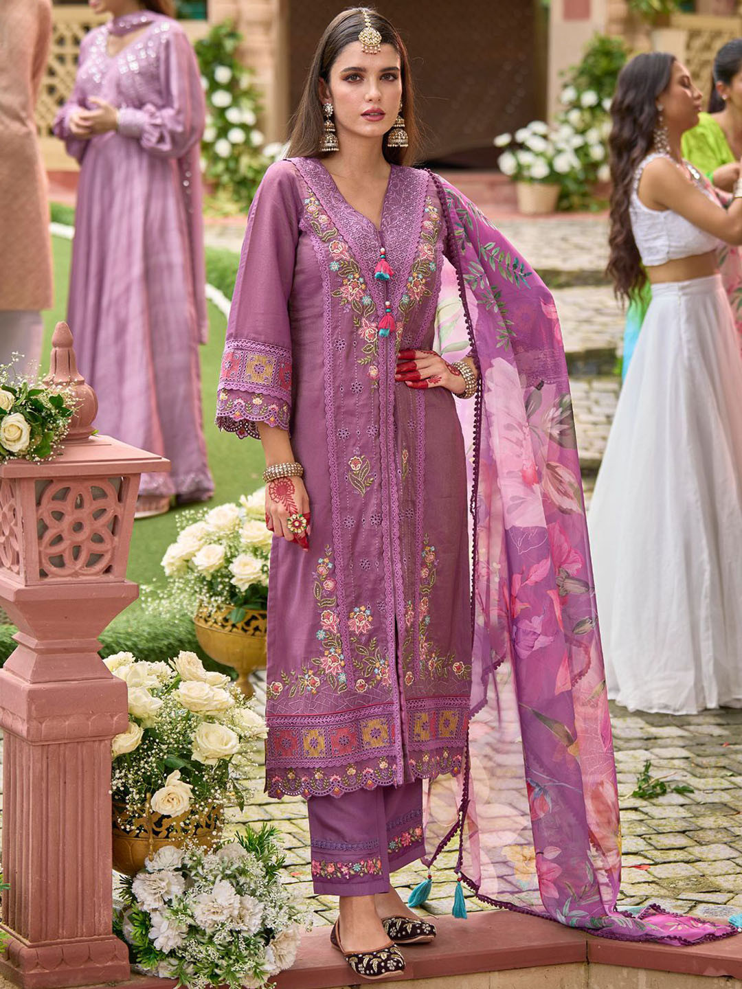 

Indo Era Women Floral Embroidered Panelled Thread Work Kurta with Trousers & With Dupatta, Purple