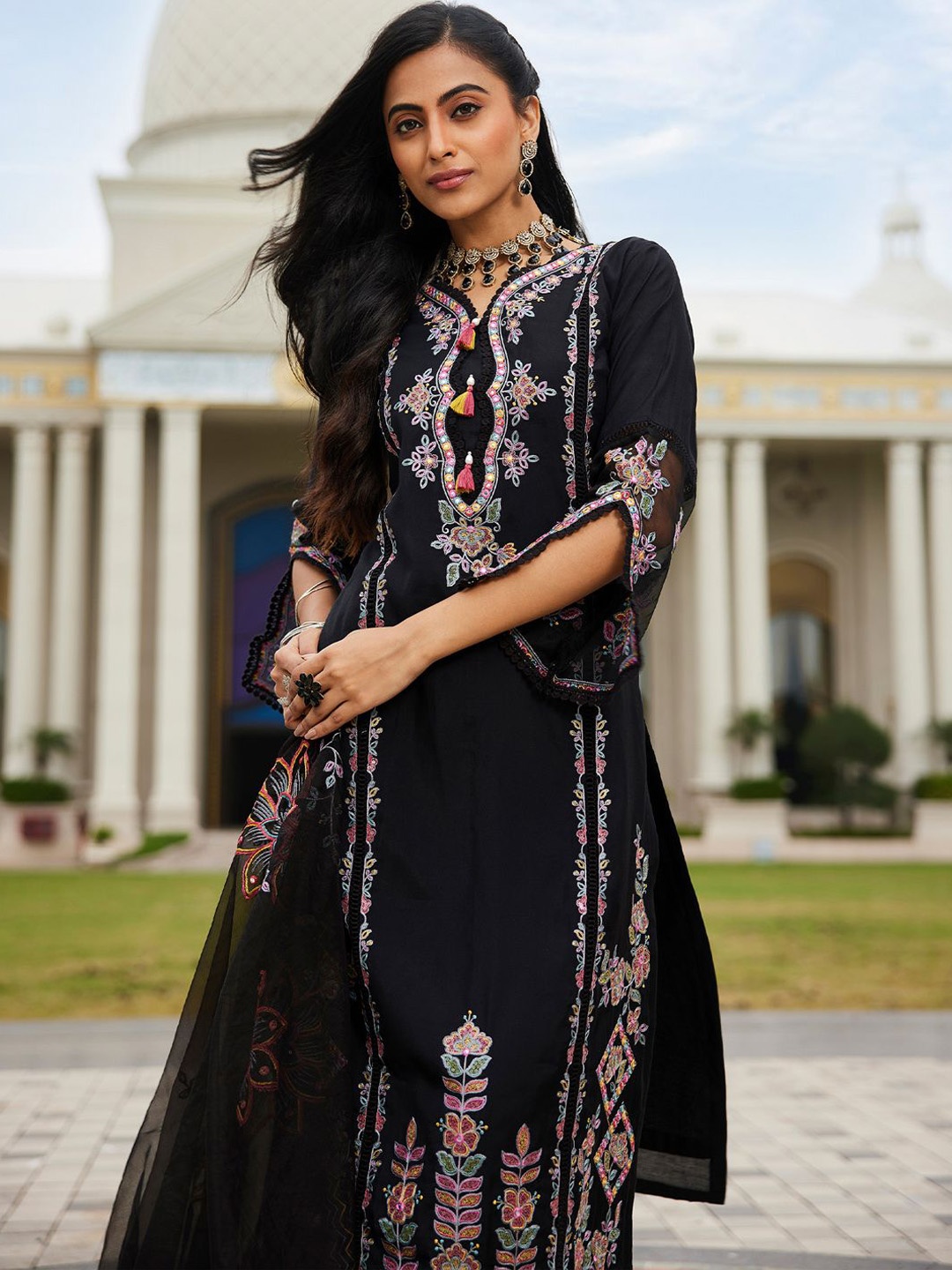 Indo Era Women Ethnic Motifs Embroidered Regular Mirror Work Kurta with Trousers & With Dupatta, Black