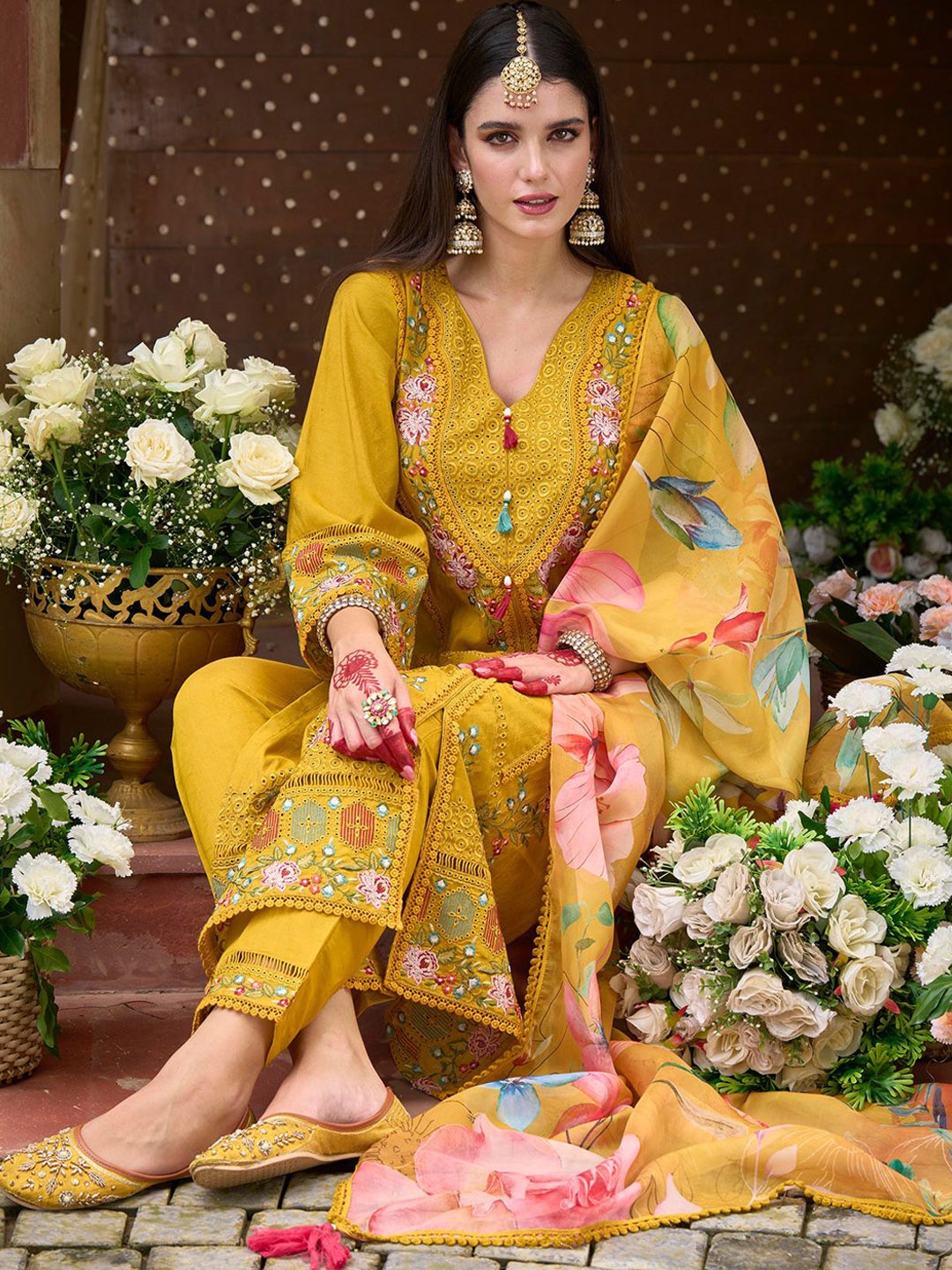 

Indo Era Women Floral Embroidered Panelled Thread Work Kurta with Trousers & With Dupatta, Yellow