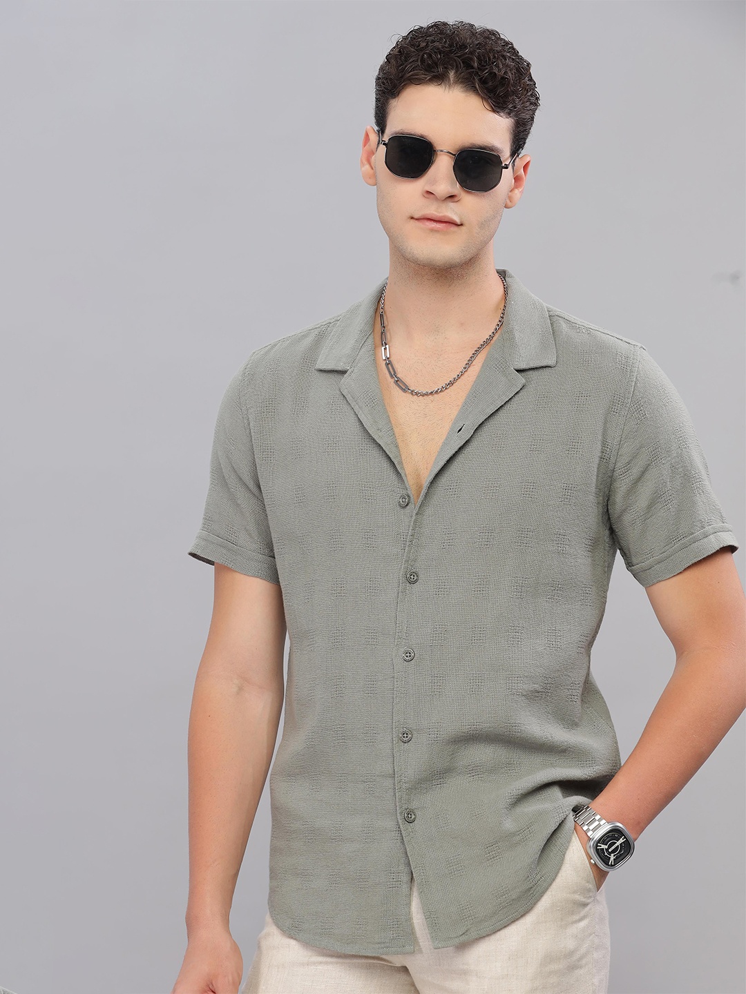 

HERE&NOW Men Slim Fit Opaque Casual Shirt, Olive