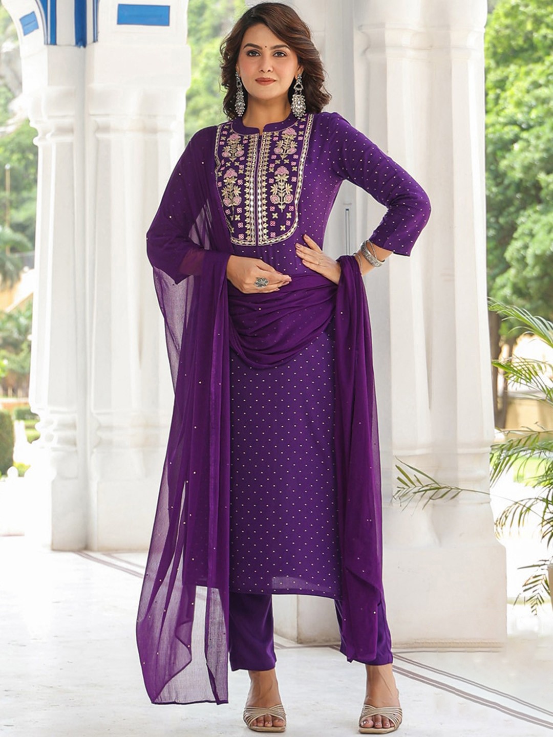 

GoSriKi Women Floral Embroidered Regular Kurta with Trousers & With Dupatta, Purple