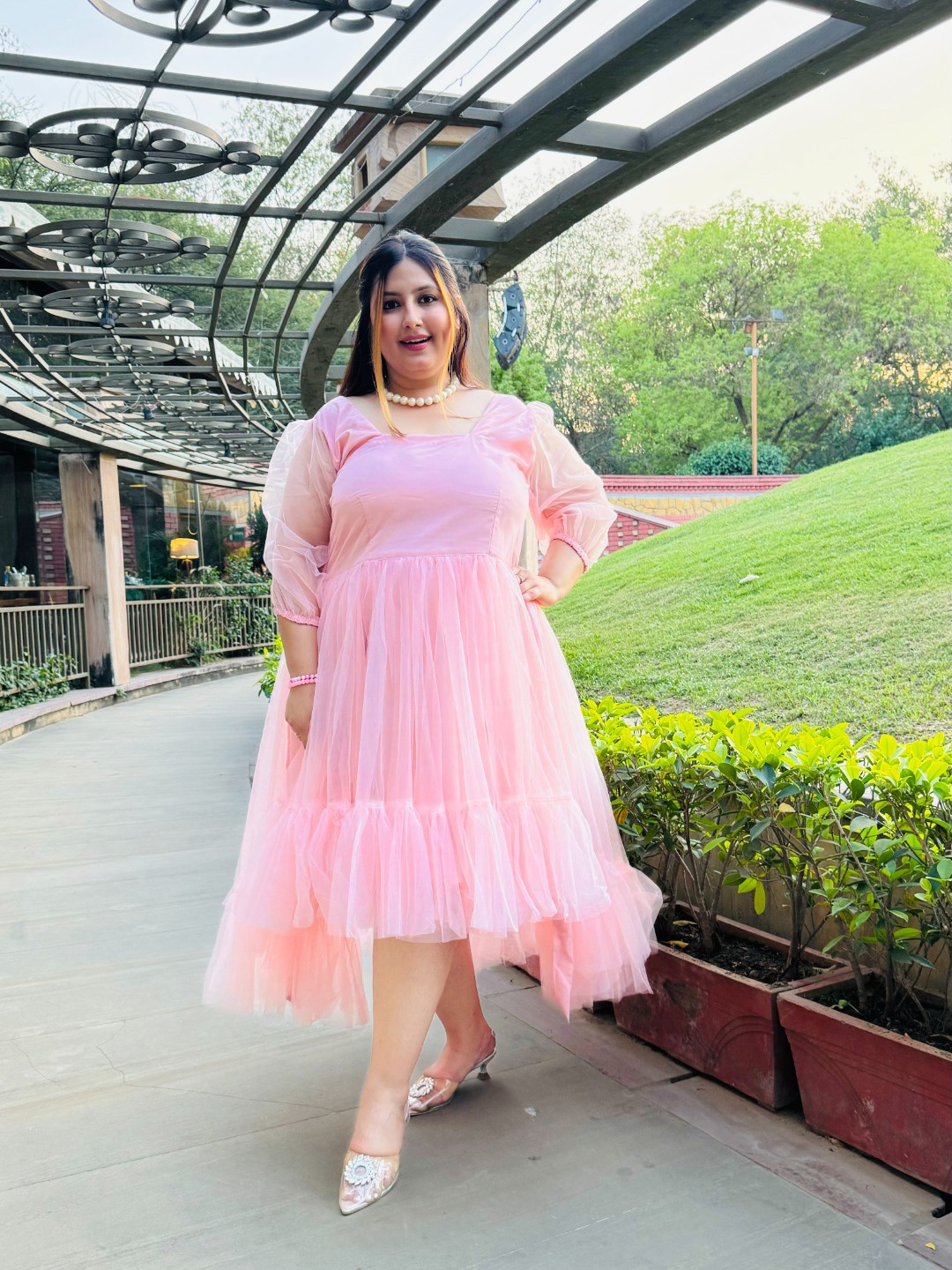

Swadeshi Shringaar Puff Sleeve Net Fit & Flare Dress, Pink