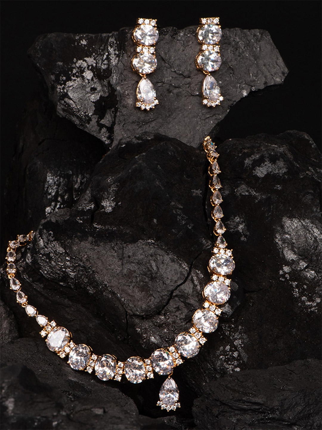 

SHARLEEZ Rhodium-Plated American Diamond Stone Studded Jewellery Set, Gold