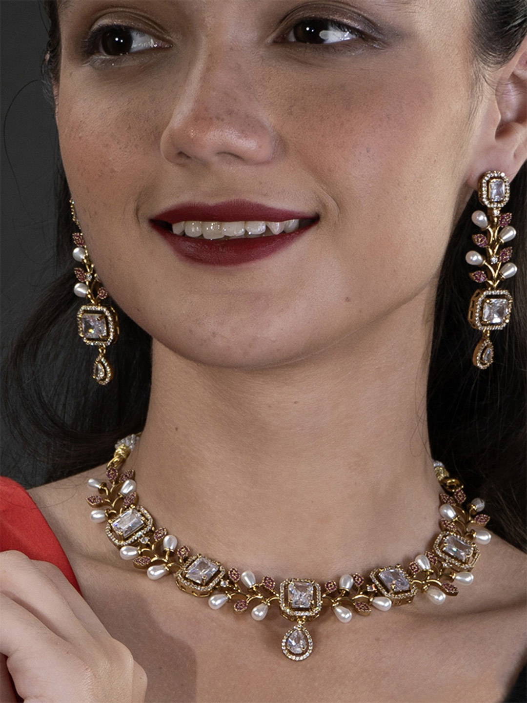 

SHARLEEZ Rhodium-Plated American Diamond Stone Studded Jewellery Set, Gold