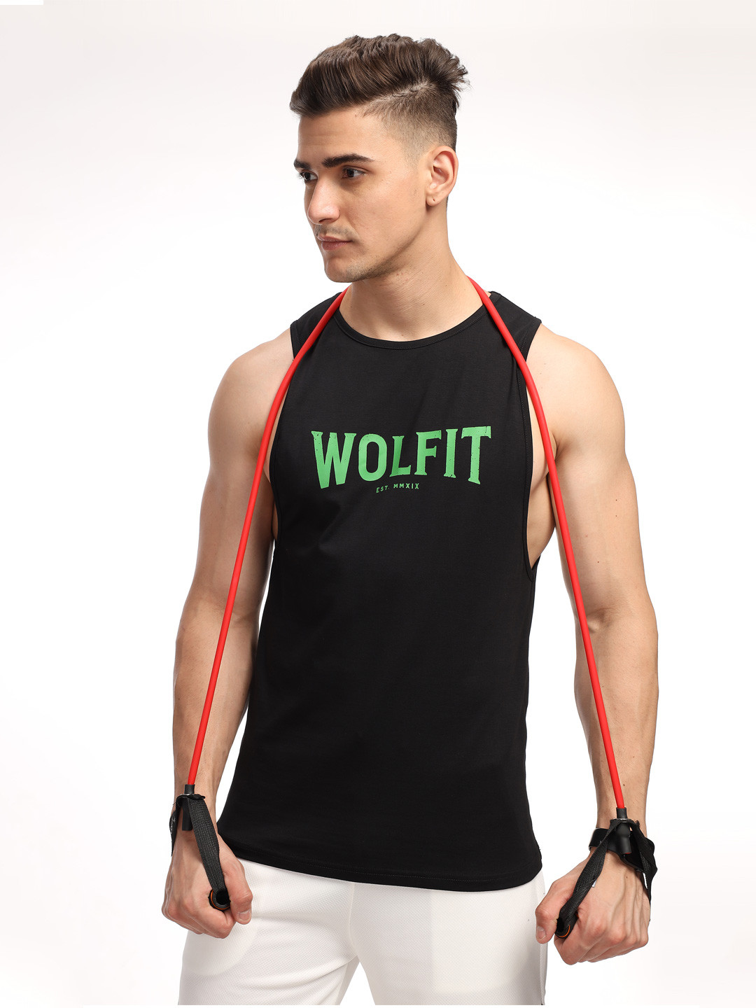 

WOLFIT ATHLEISURE Brand Logo Printed Sleeveless Innerwear Vests WFH86617-01, Black