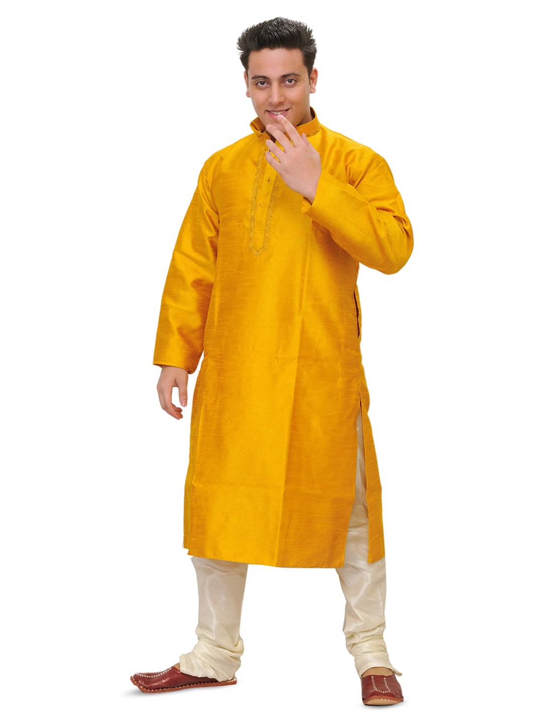 

Exotic India Men Regular Thread Work Kurta with Churidar, Yellow