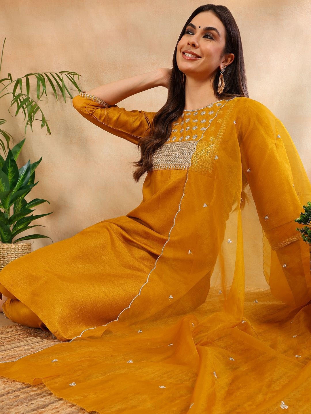 

AHIKA Women Floral Embroidered Regular Sequinned Kurta with Trousers & With Dupatta, Mustard