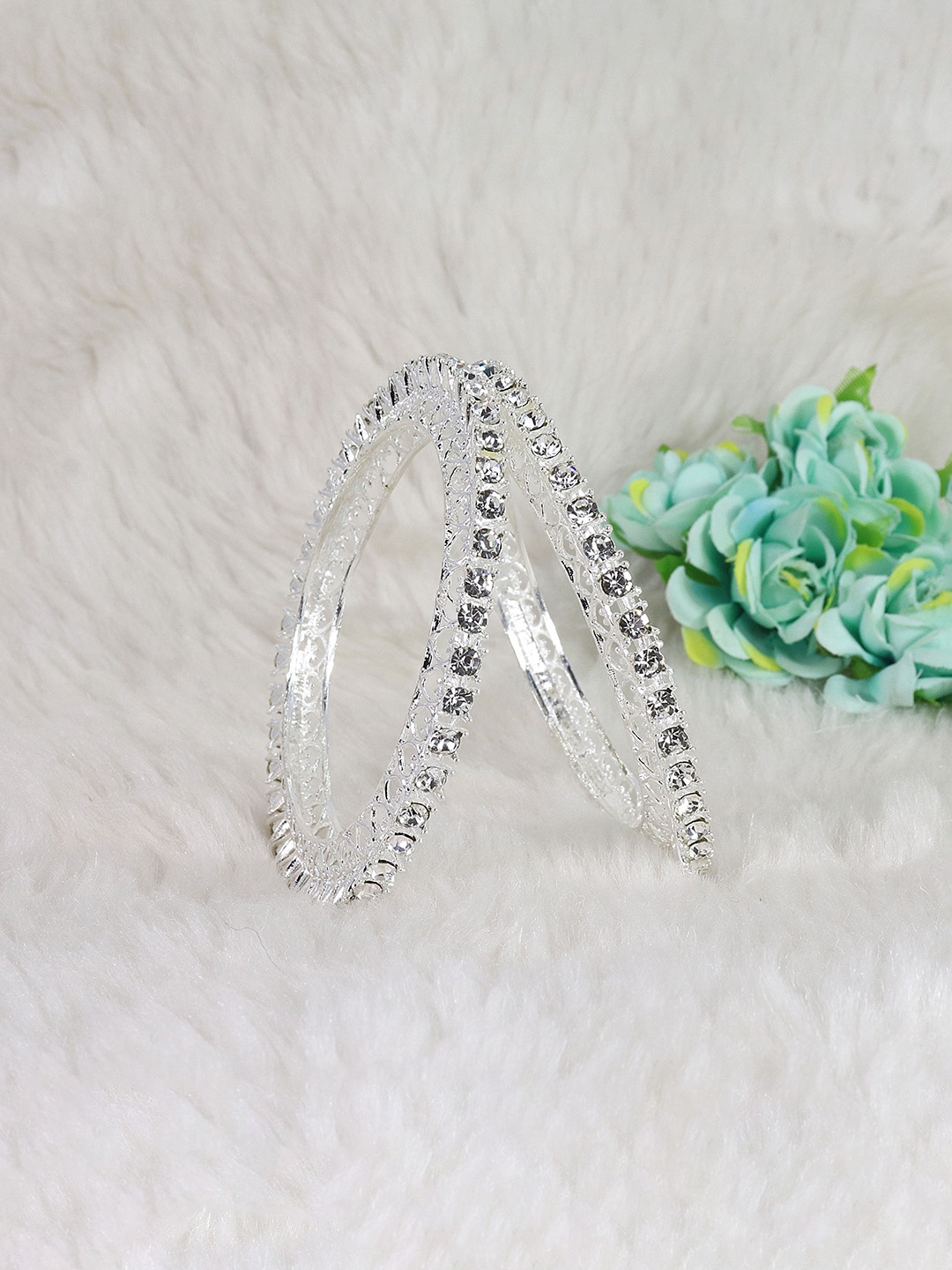 

ZULKA Set Of 2 Silver-Plated Cubic Zirconia Stone-Studded Bangles