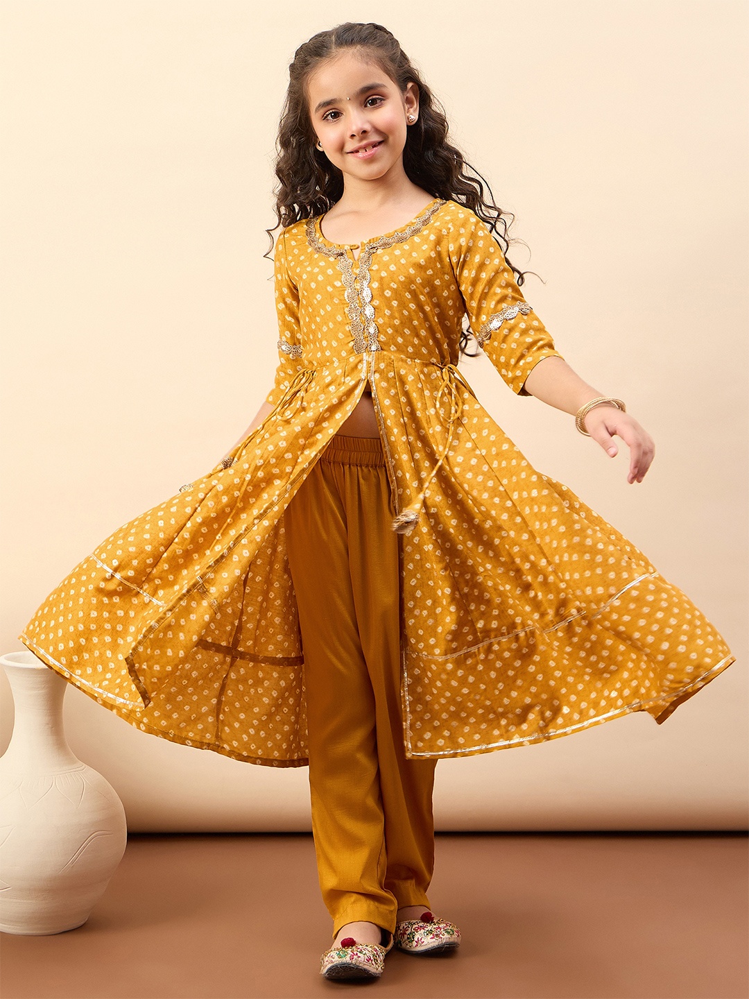 

Stylo Bug Girls Bandhani Printed Empire Gotta Patti Kurta with Pyjamas, Yellow