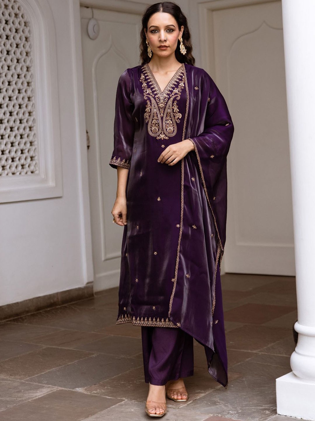 

Indo Era Women Ethnic Motifs Embroidered Regular Kurta with Trousers & With Dupatta, Purple