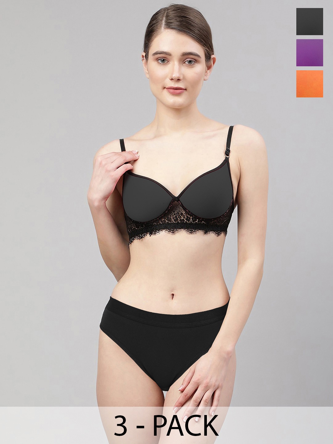 Aamarsh Women Mid-Rise Lightly Padded Lingerie Set Pack Of 3, Black