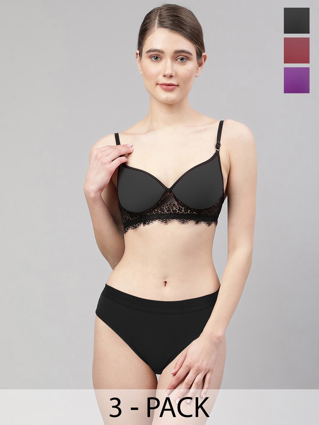 

Aamarsh Pack Of 3 Non-Wired Lightly Padded Lingerie Set, Black