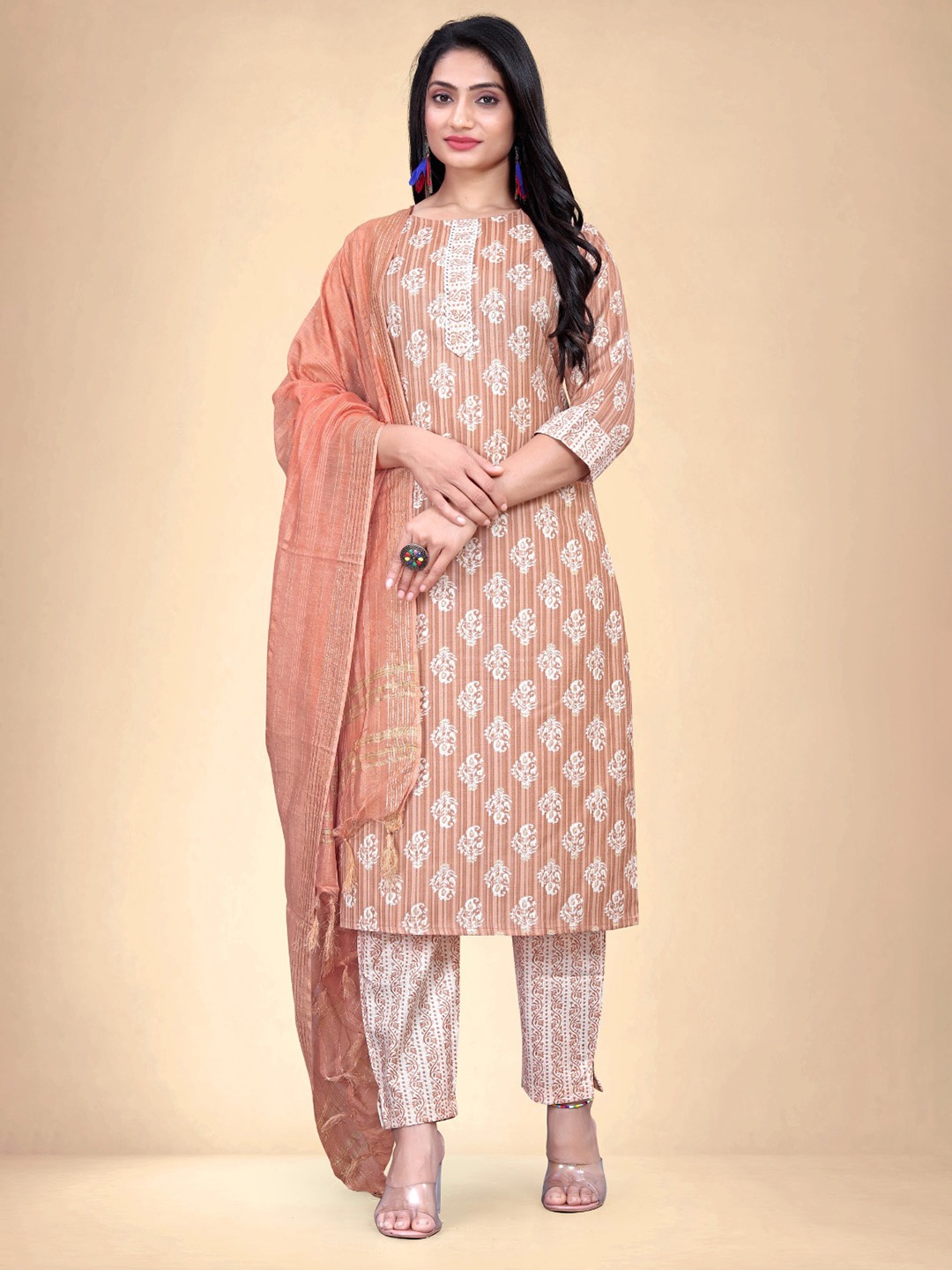 

Abhilasha Women Floral Printed Regular Kurta with Trousers & With Dupatta, Orange