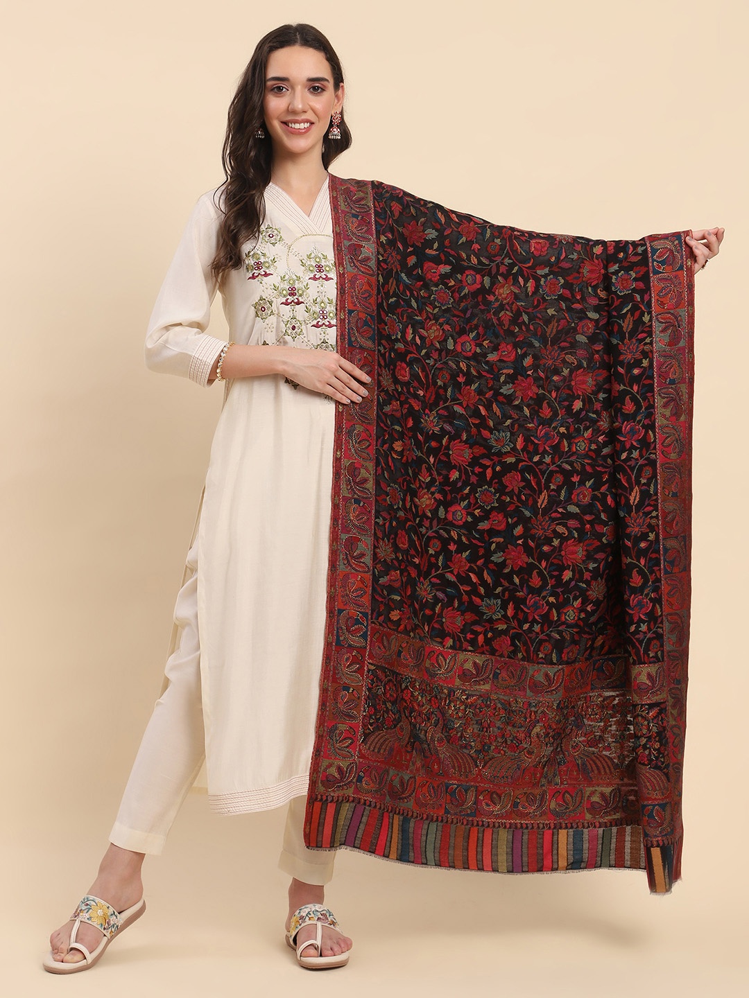 

La Vastraa Women Floral Woven Design Shawl, Black