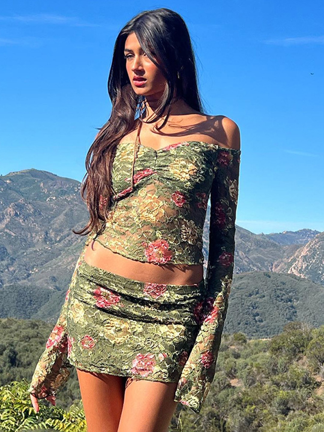 

HERE&NOW Floral Printed Off Shoulder Crop Top & Mini Skirt Co-Ords, Green