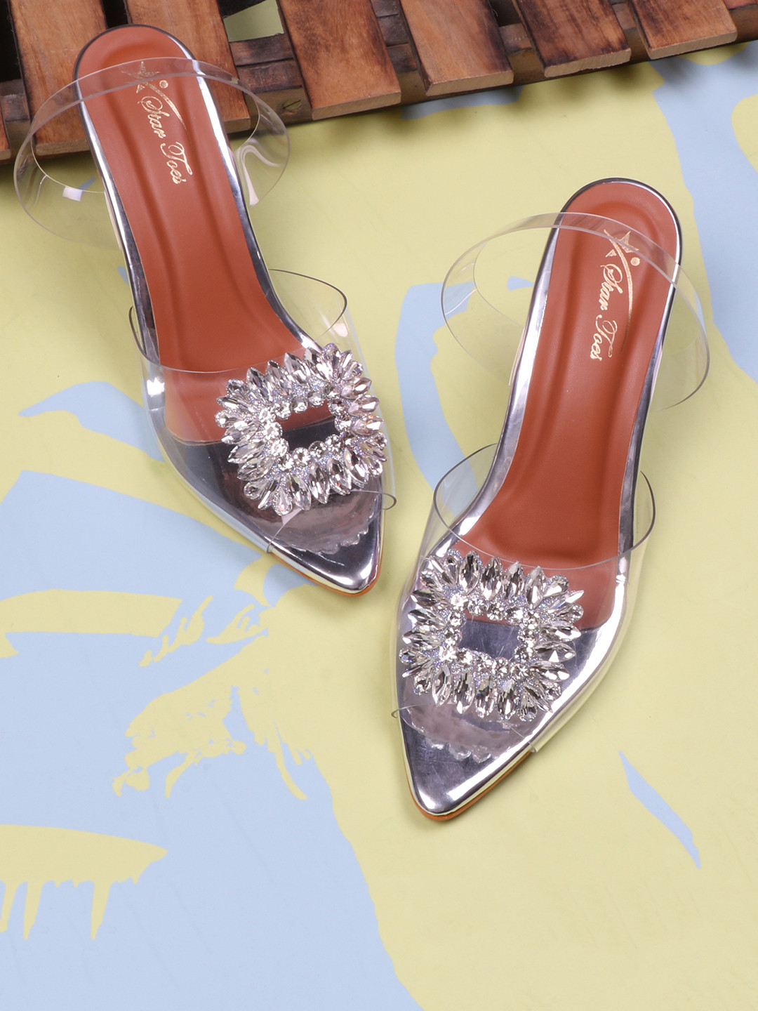 

STARTOES Embellished Party Block Mules, Silver