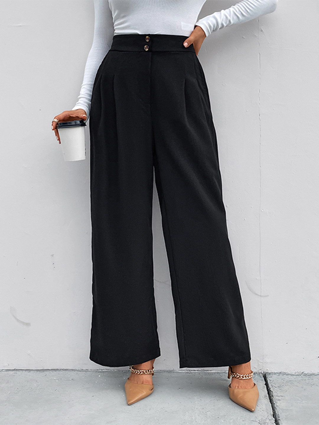 

HERE&NOW Women Pleated Parallel Trousers, Black
