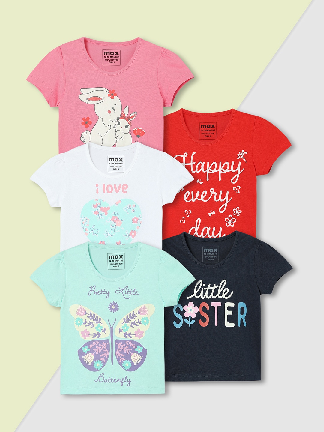 

max Girls Pack of 5 Graphic Printed T-shirt, Multi