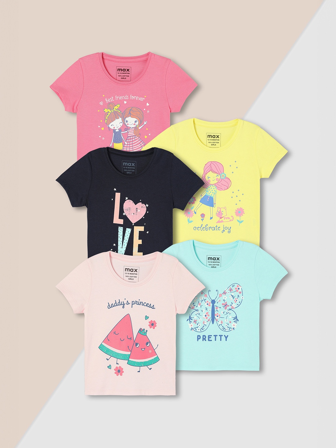 

Max Girls Graphic Printed T-Shirt - Pack of 5, Multi