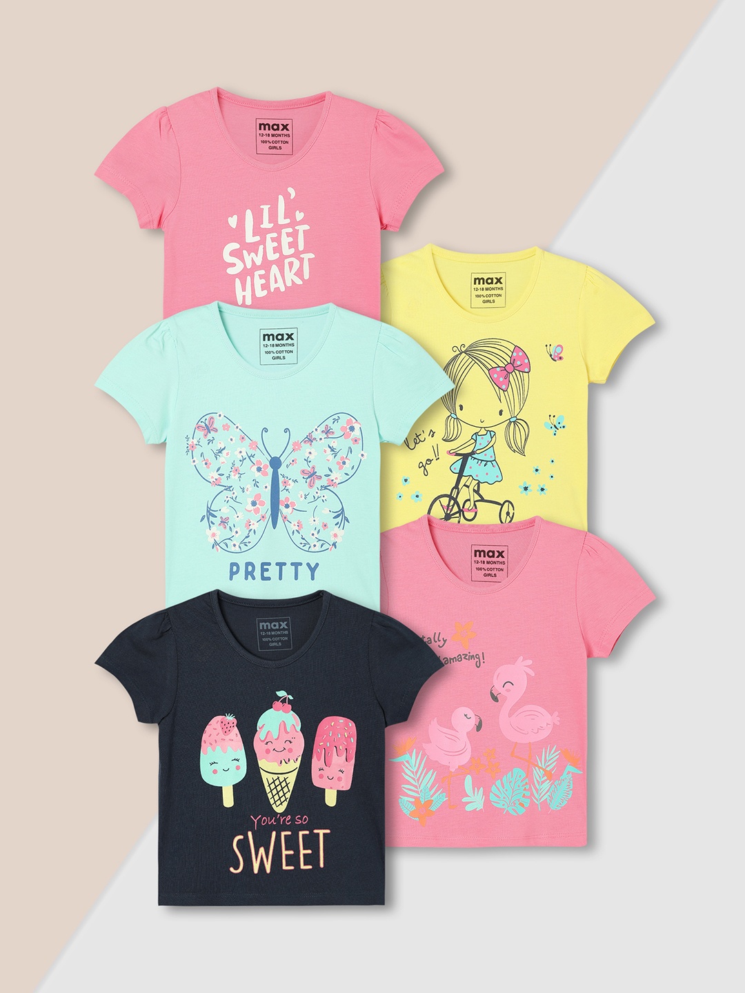 

max Girls Pack of 5 Graphic Printed T-shirt, Multi