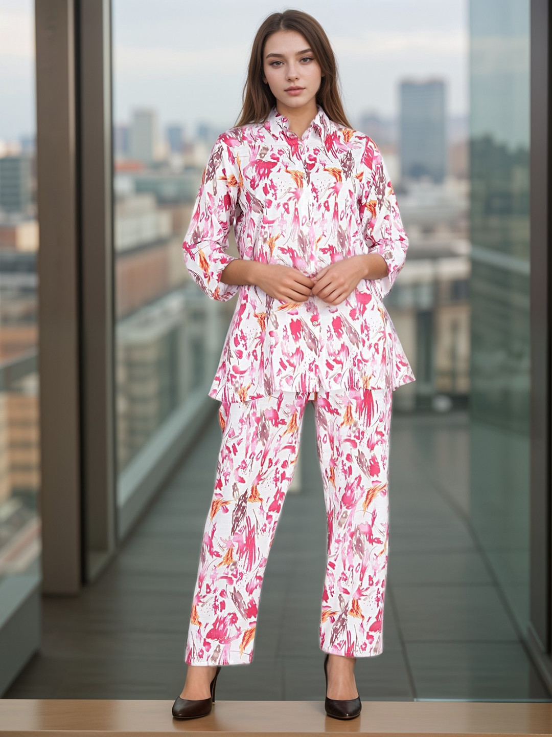 

BAESD Printed Shirt With Trouser Co -Ords, Pink