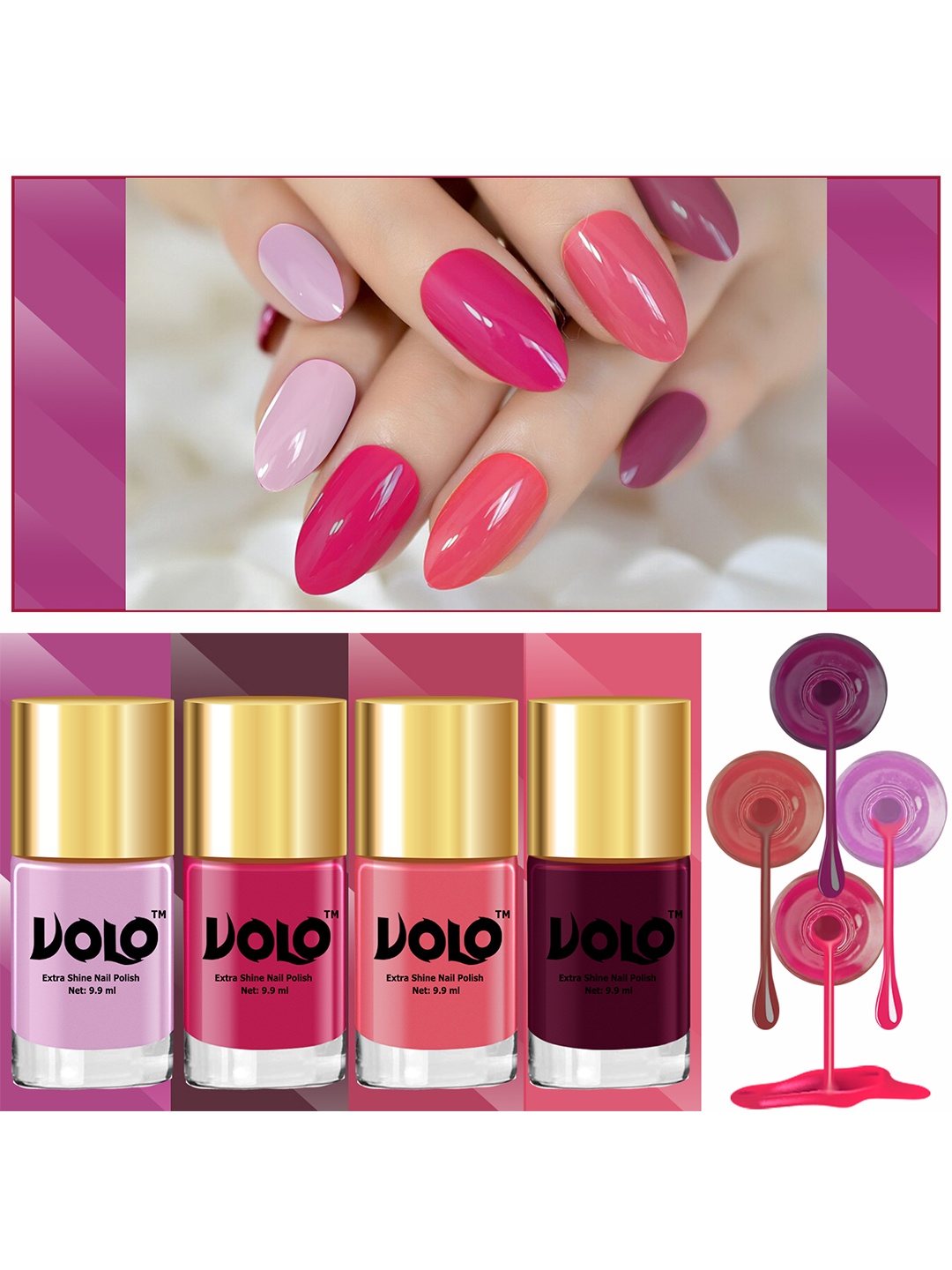 

VOLO Set Of 4 Nail Polish-9.9ml Each-Passion pink-Pink mania-Wine-Light Purple