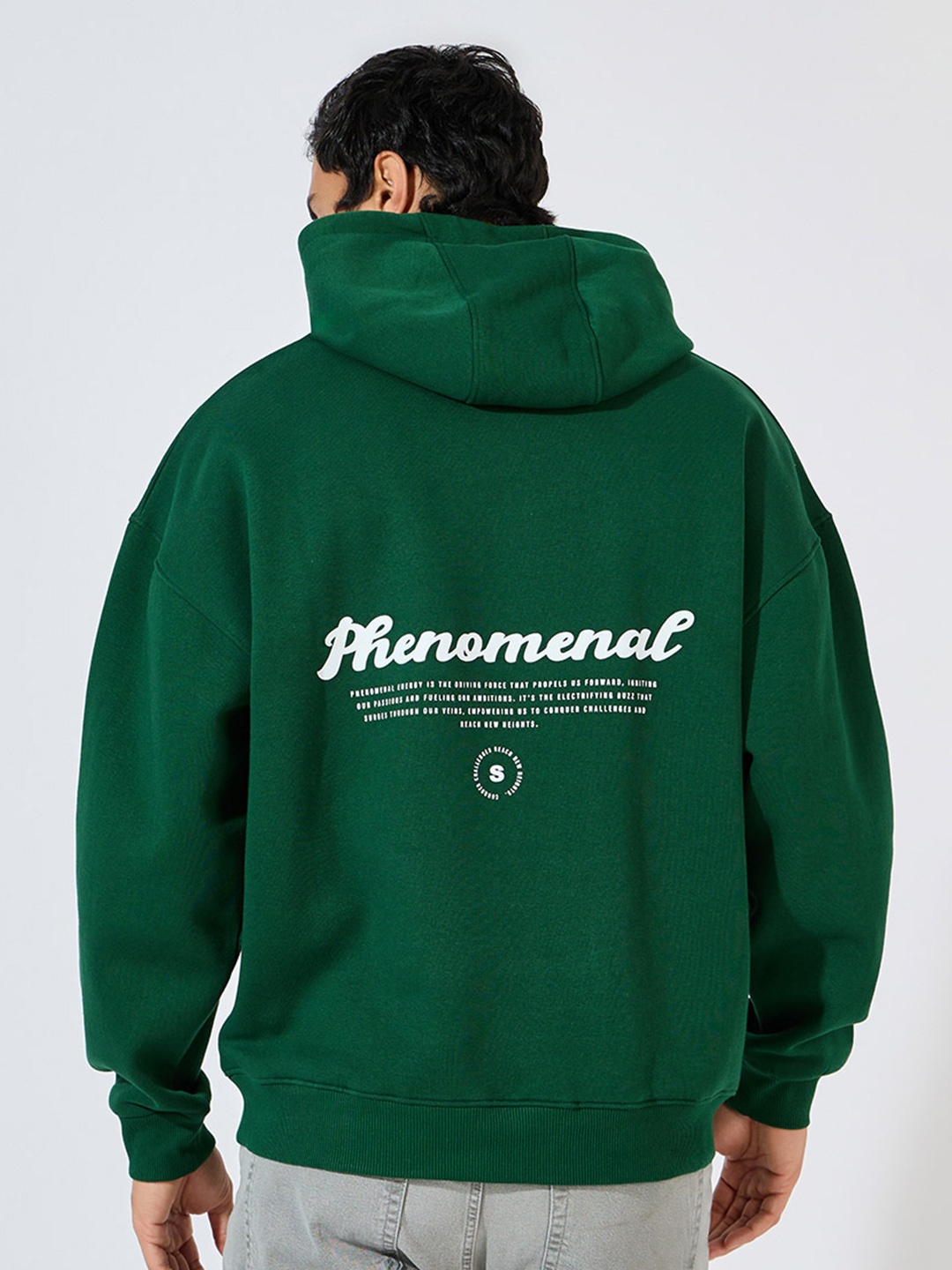 

Styli Men Back Text Print Heavy Oversized Hoodie, Green