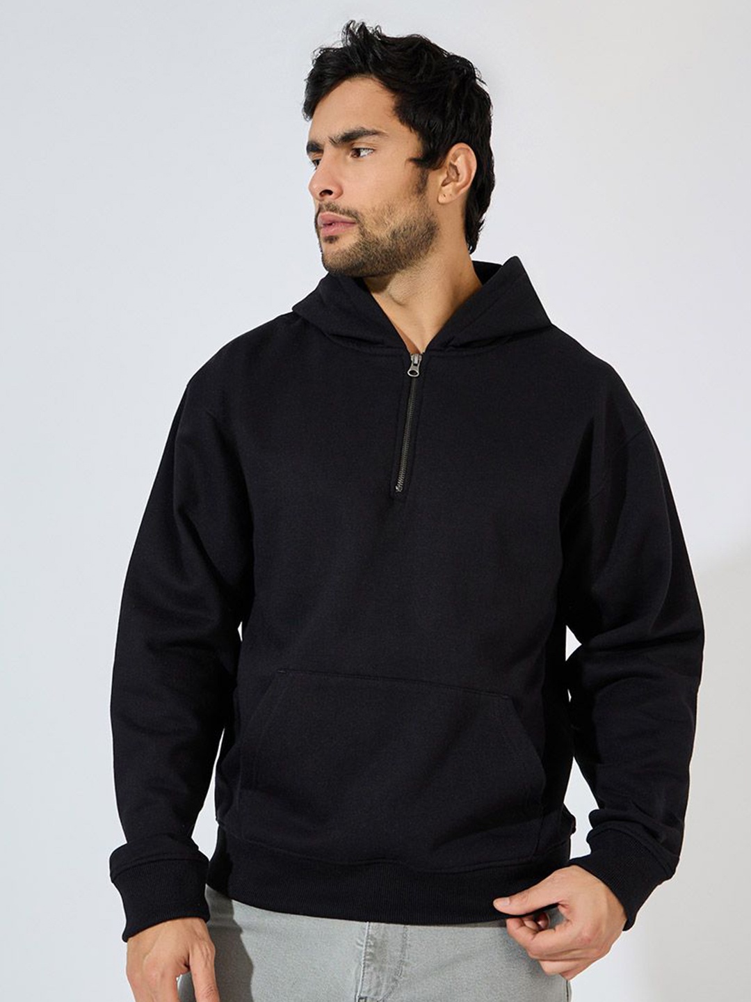 

Styli Men Quarter Zip Relaxed Fit Fleece Hoodie, Black