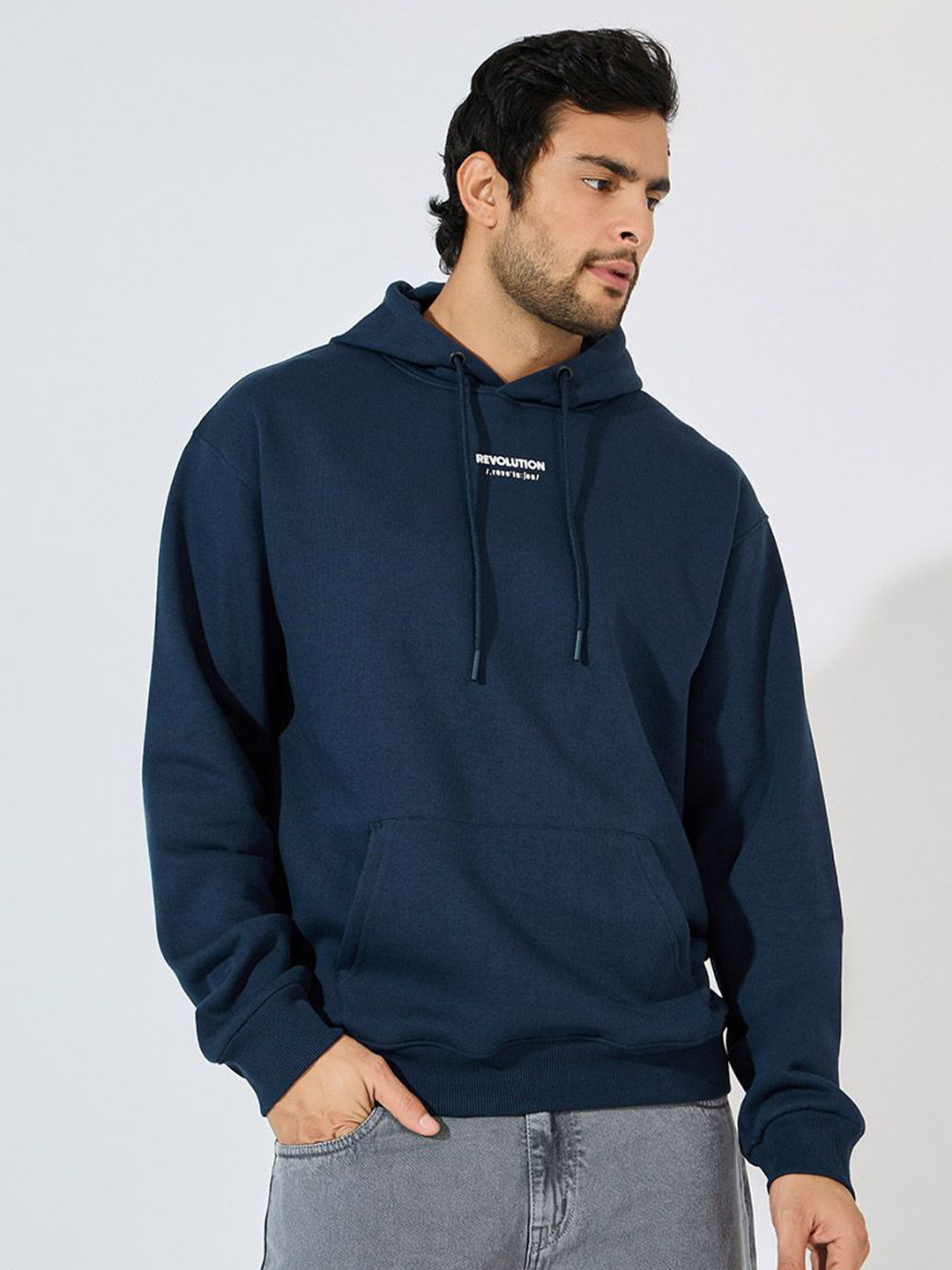 

Styli Men Relaxed Fit Puff Print Fleece Hoodie, Navy blue