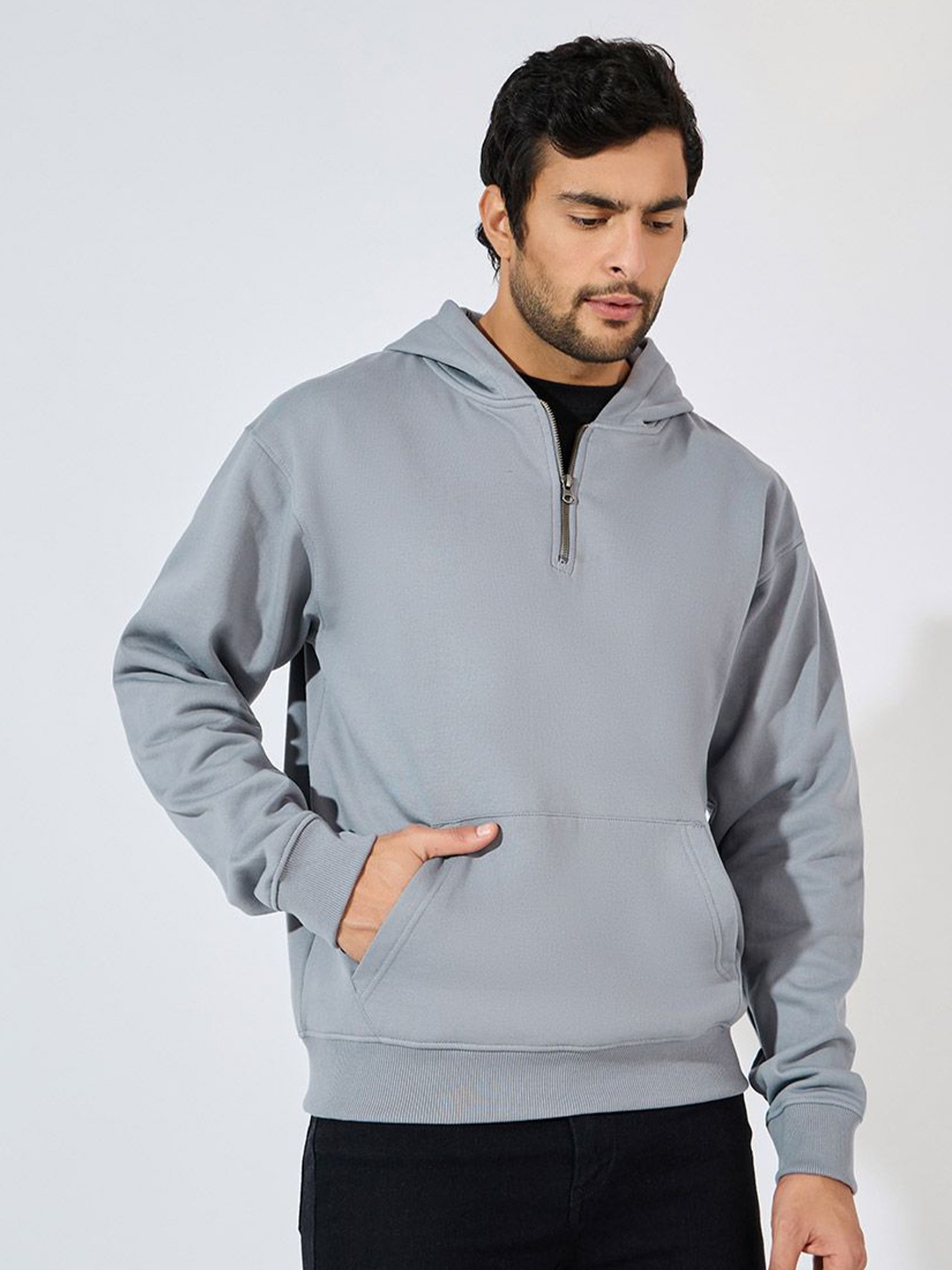 

Styli Men Quarter Zip Relaxed Fit Fleece Hoodie, Charcoal