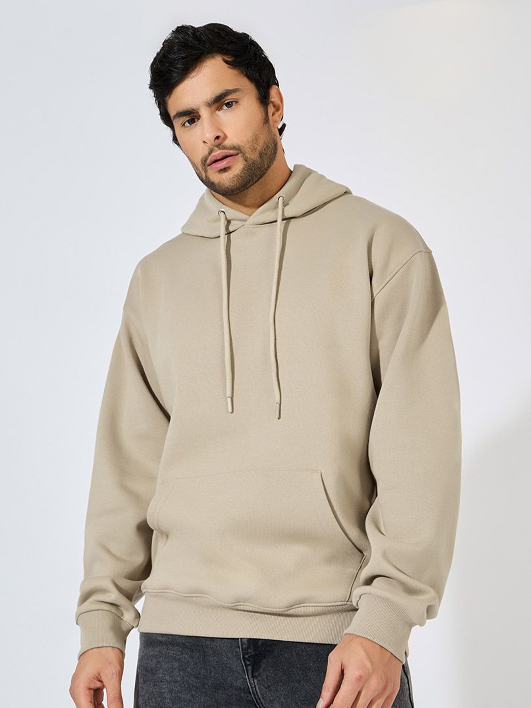 

Styli Men Relaxed Fit Fleece Hoodie with Kangaroo Pocket, Beige