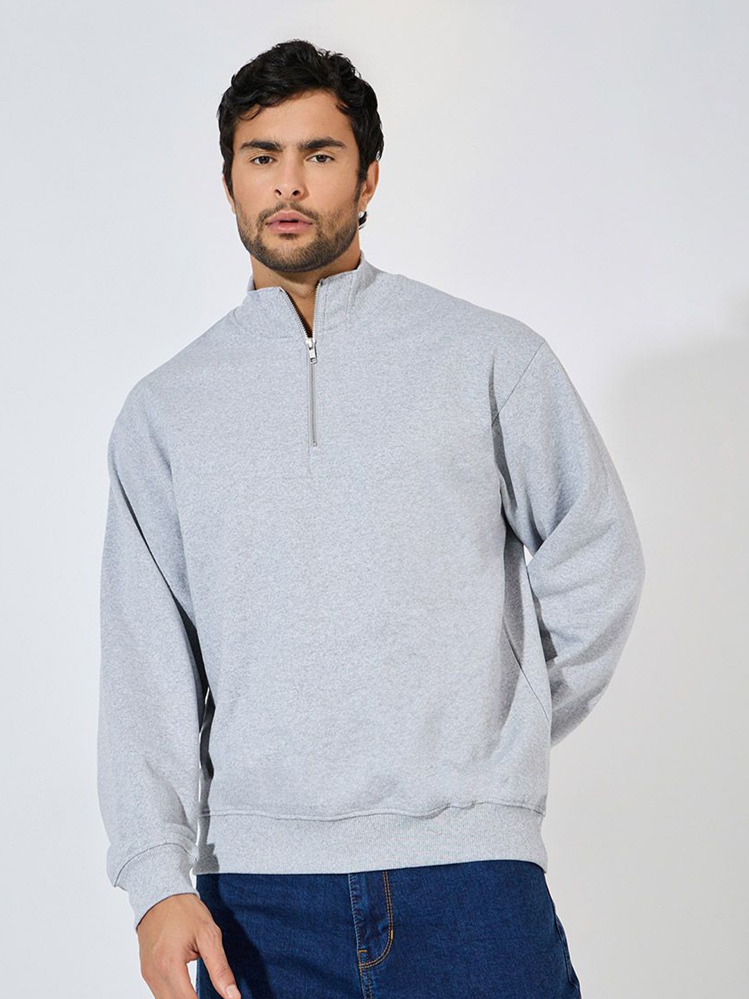 

Styli Men Quarter Zip Relaxed Sweatshirt In Fleece With Front Seam Detail, Grey
